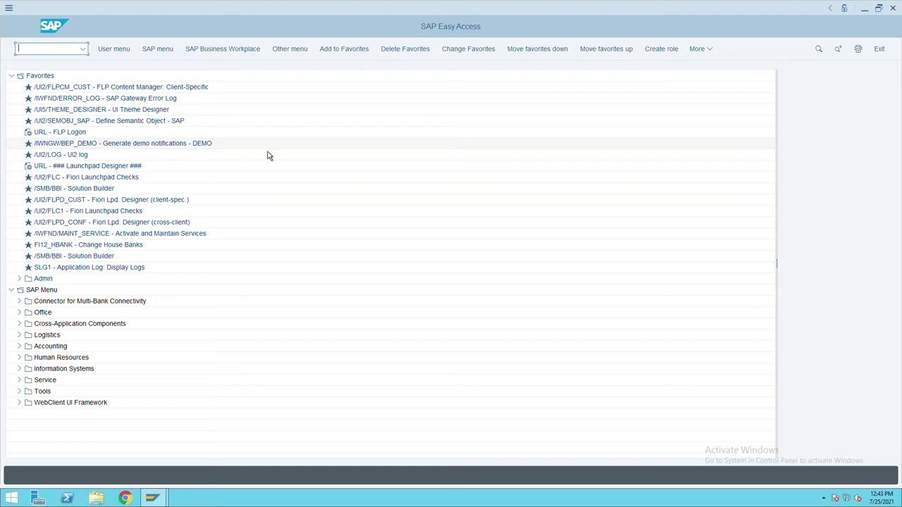 SAP Easy Access main menu with navigation options and favorites list
