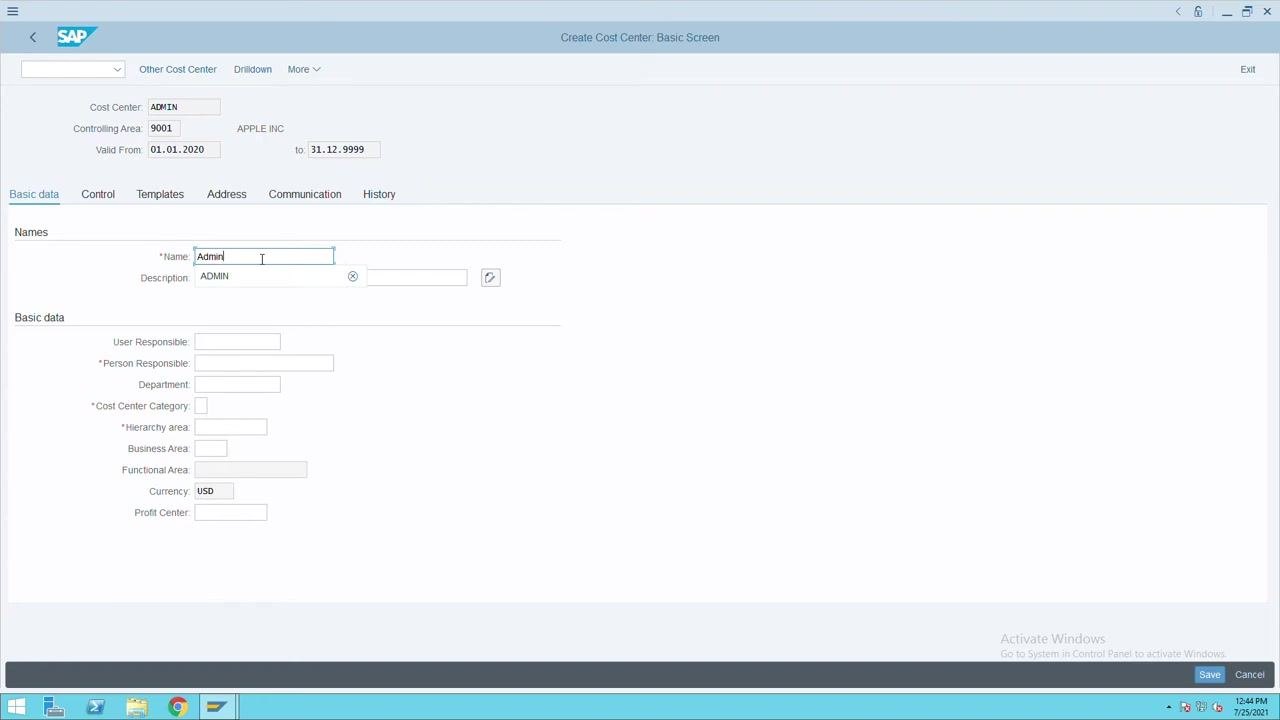 Set Controlling Area dialog with 9001 entered