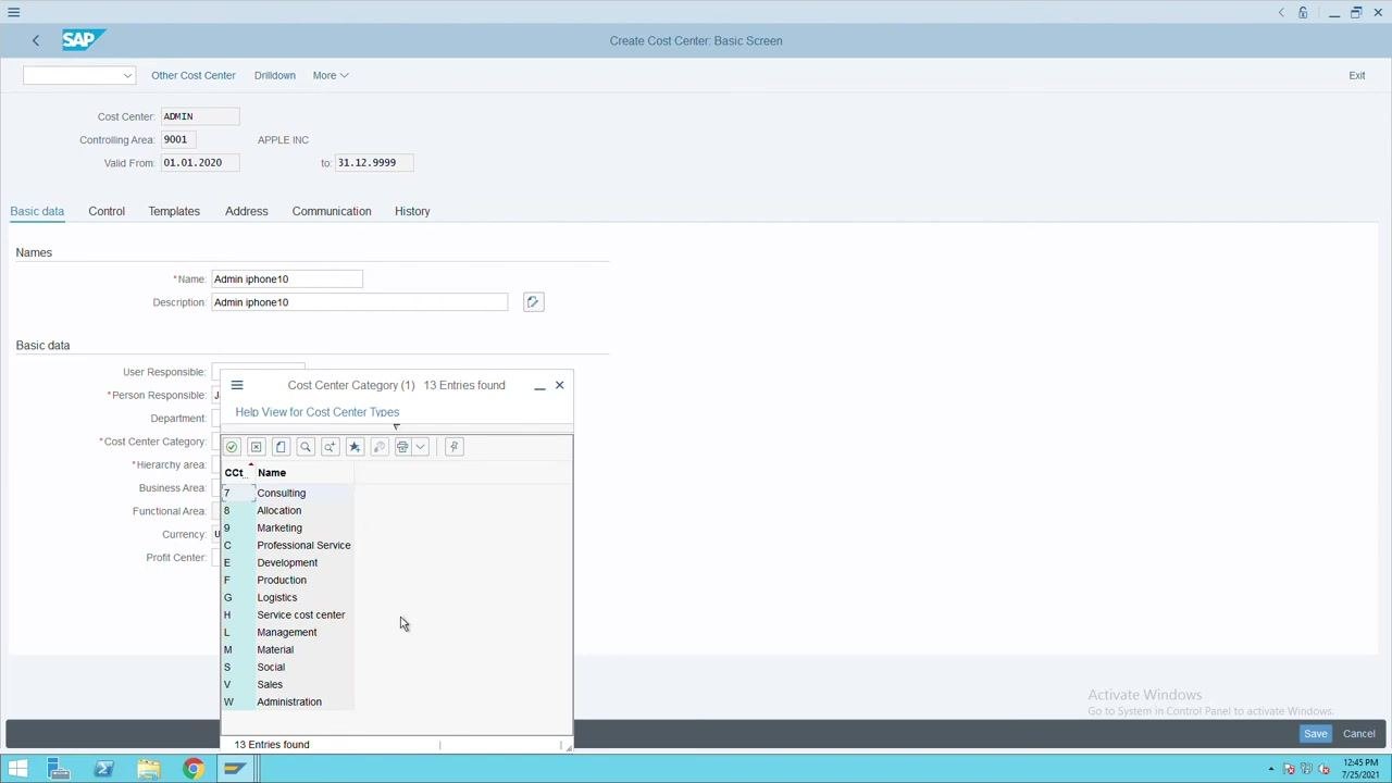 Create Cost Center: Basic Screen with Name and Description fields being filled