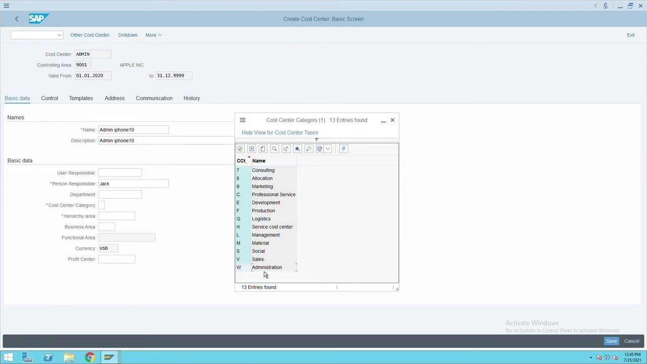 Cost Center Category selection with Administration highlighted