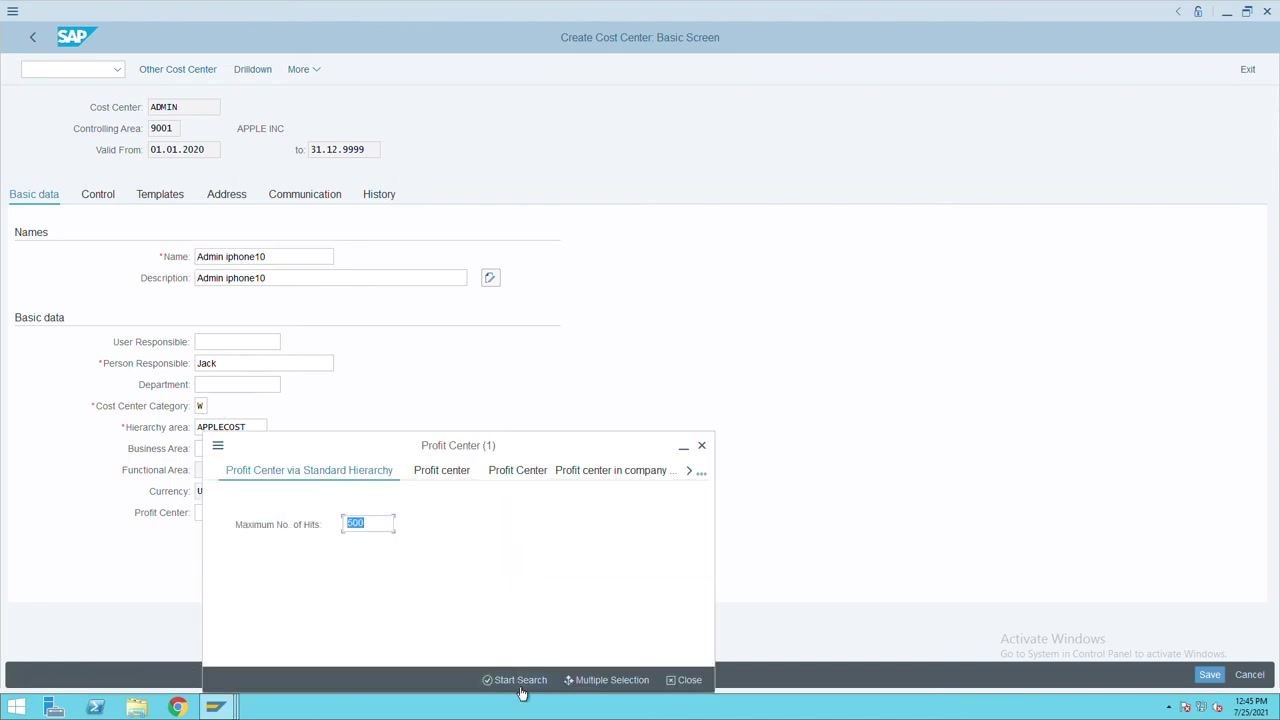 Profit Center selection dialog open, with search options and maximum number of hits field