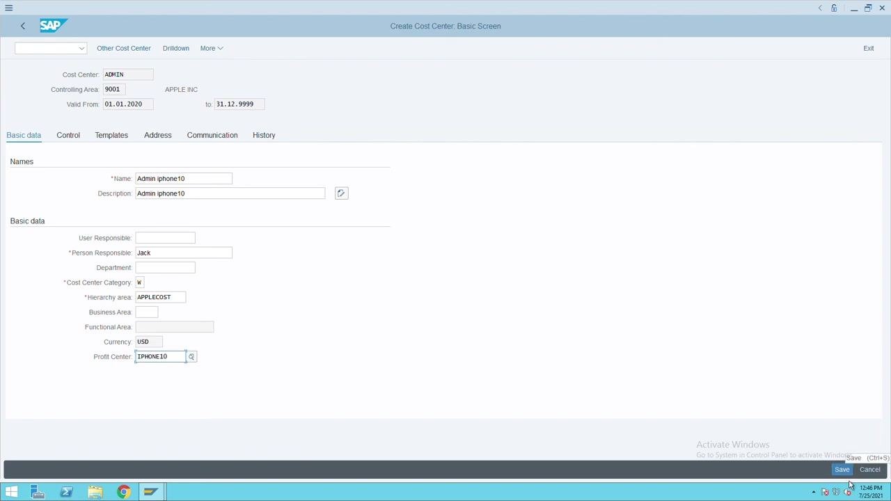 Confirmation message "Cost center has been created" on the initial screen
