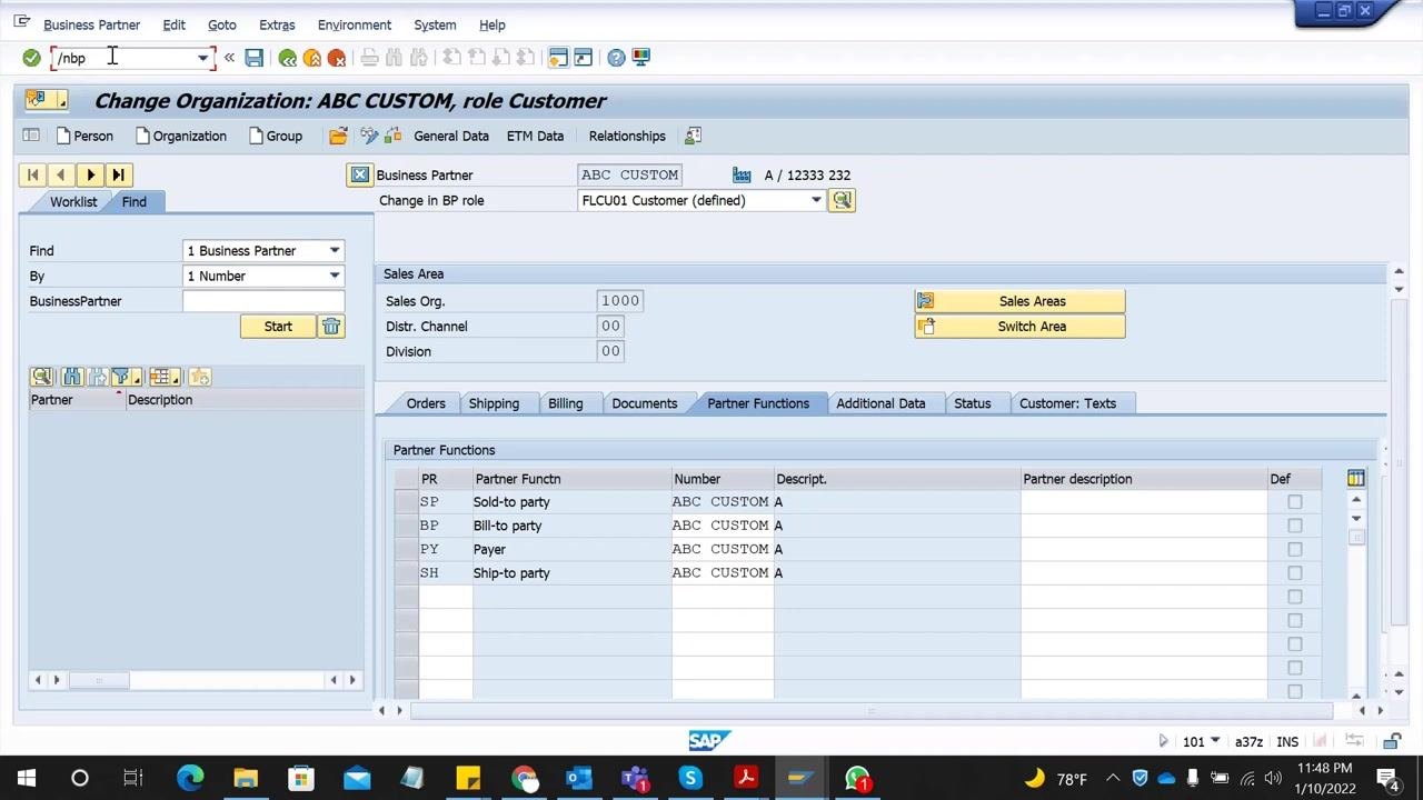 SAP GUI showing the Business Partner transaction screen with the command field containing '/nbp', and the "Change Organization: ABC CUSTOM, role Customer" window open. Tabs for Orders, Shipping, Billing, Documents, Partner Functions, Additional Data, Status, and Customer: Texts are visible. The Partner Functions tab is selected, displaying roles such as Sold-to party, Bill-to party, Payer, and Ship-to party, all assigned to 'ABC CUSTOM A'.