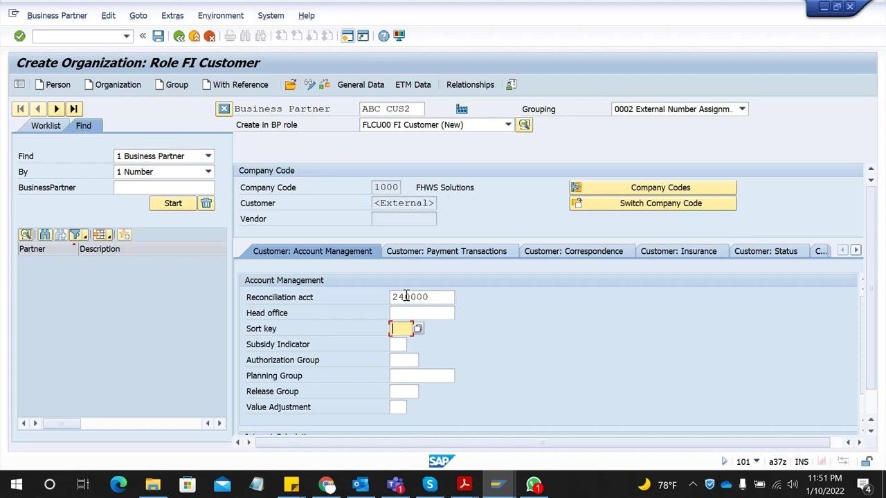 SAP GUI showing "Sort key" field being filled with 001 in the "Customer: Account Management" section.