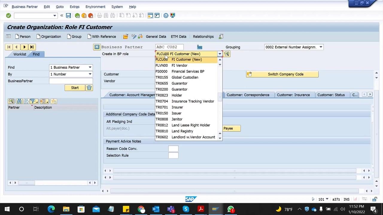 SAP GUI showing the "Customer: Payment Transactions" tab with "Payment Terms" set to 0001.