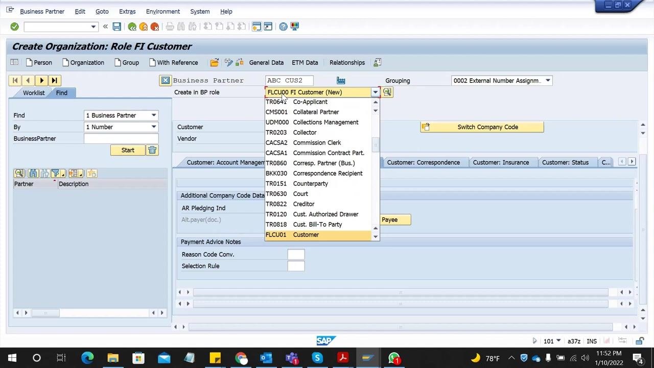 SAP GUI showing the "Create Organization: Role FI Customer" screen with the BP role dropdown expanded, highlighting "FLCU00 FI Customer (New)" and the Save button visible at the top.