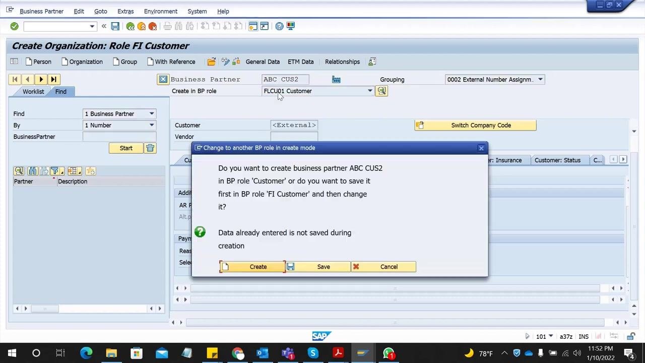 SAP screen with a modal dialog prompting to create a business partner in the 'Customer' role, with options Create, Save, Cancel