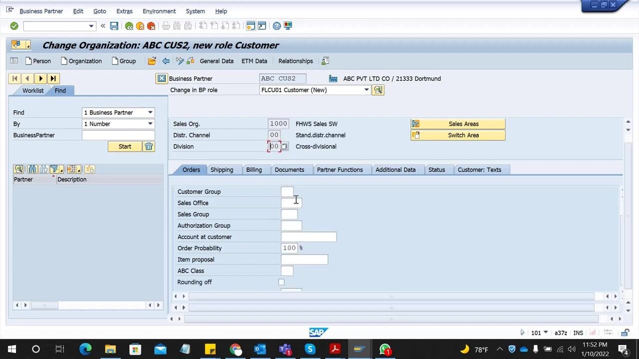 SAP screen with Sales Org, Distr. Channel, and Division fields filled in, and the Orders tab active