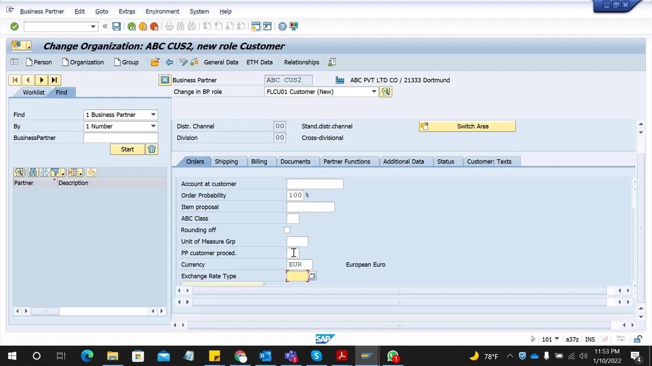 SAP screen showing the Orders tab with fields for order probability, currency (EUR), and other order-related data