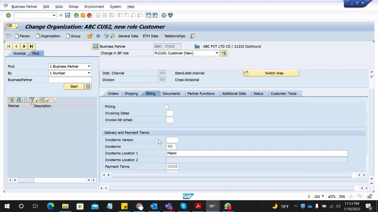 SAP screen showing the Billing tab with Incoterms Version FH, Incoterms Location 1 Miami, and Payment Terms 0002