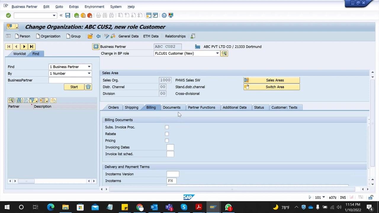 SAP screen showing the Billing tab with all required fields filled, and navigation tabs for other data views