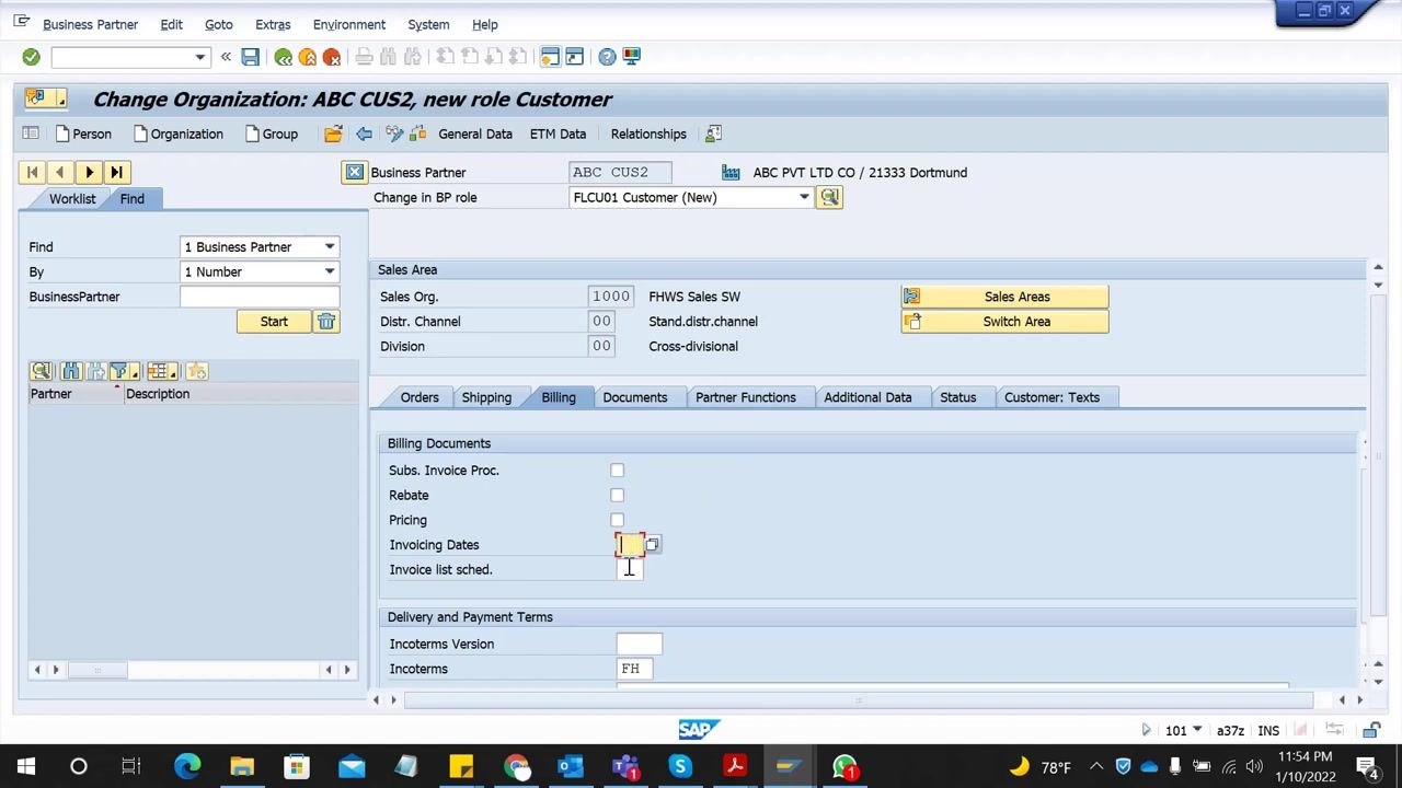 SAP screen showing the Billing tab with the "Invoicing Dates" field selected, ready for F1 help to be invoked