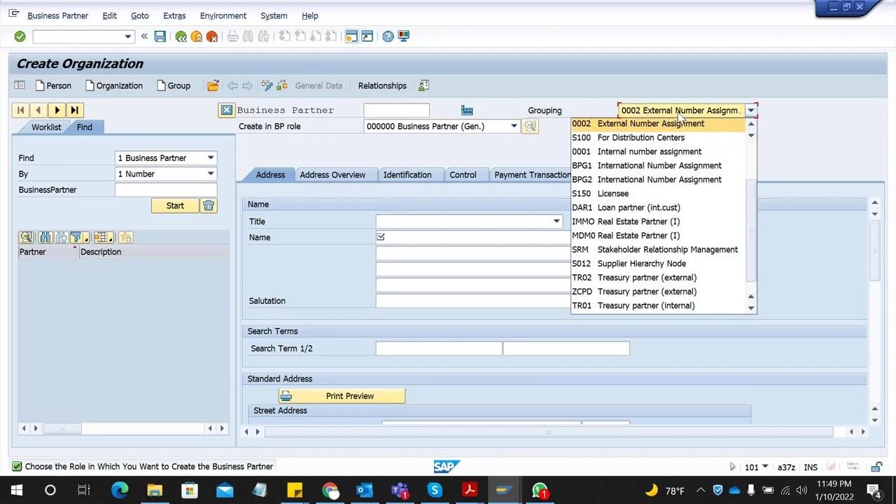SAP GUI showing the "Create Organization" screen with the "Grouping" dropdown expanded, highlighting "0002 External Number Assignment" and other options.