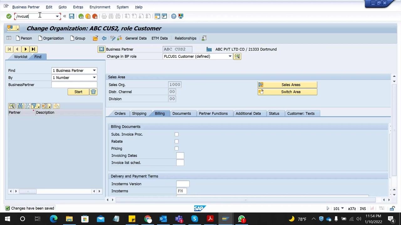 SAP screen showing the command field with "/nvcust" and the customer number ABC CUS2 entered, ready to search