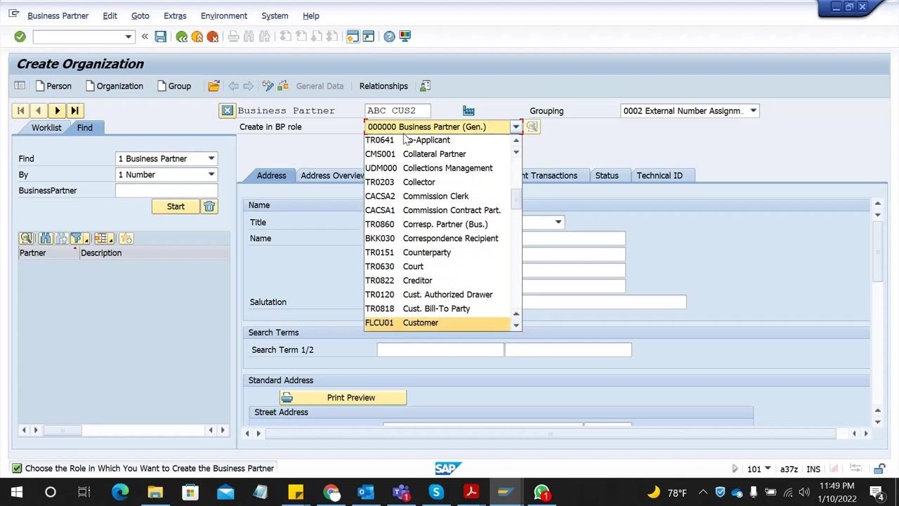 SAP GUI showing the "Create Organization" screen with the "Create in BP role" dropdown expanded, highlighting "FLCU01 Customer" among other roles.