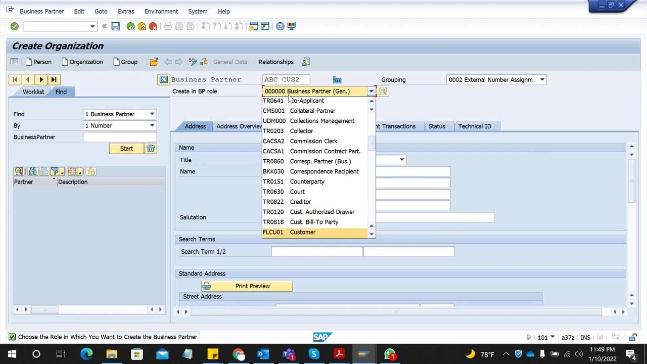 SAP GUI showing a prompt: "Do you want to create business partner ABC CUS2 in BP role 'FI Customer' or do you want to save it first in BP role 'Business Partner (Gen.)' and then change it? Data already entered is not saved during creation." The "Create" button is selected.