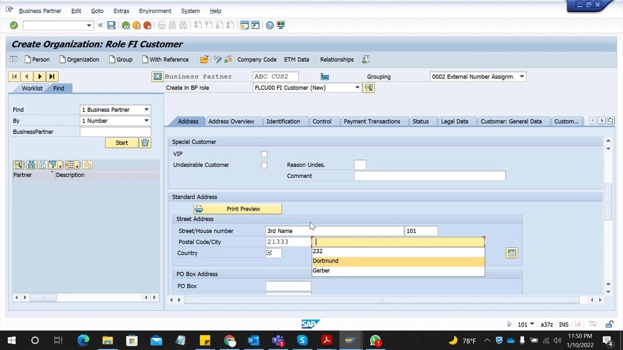 SAP GUI showing the "Standard Address" section with "Street/House number" as "3rd Name" and "101", "Postal Code/City" as "21333" and "Dortmund", and "Country" as "DE".