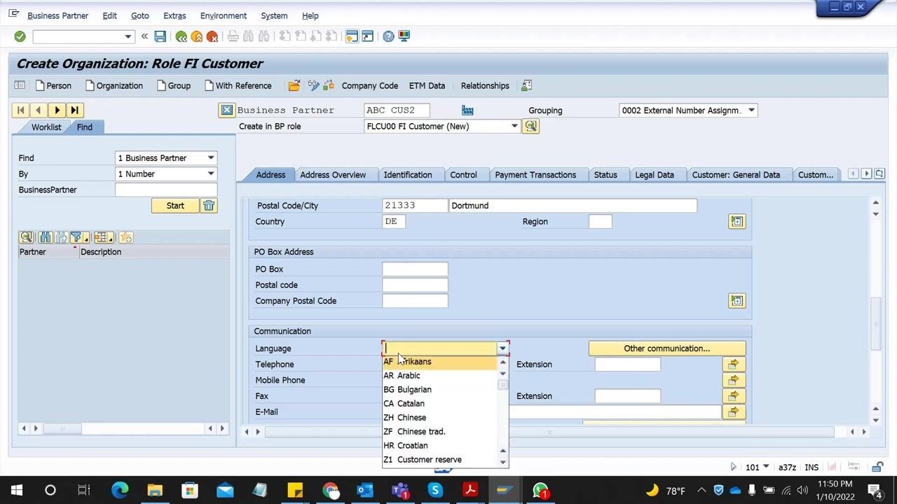SAP GUI showing the "Communication" section with the "Language" dropdown expanded, ready to select "EN" for English.