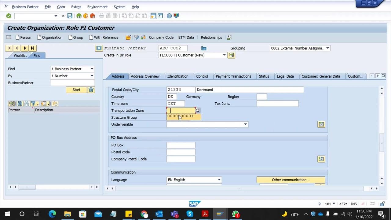SAP GUI showing the "Address" tab with optional fields like Time zone, Transportation Zone, Structure Group, and PO Box Address, as well as the Communication section.
