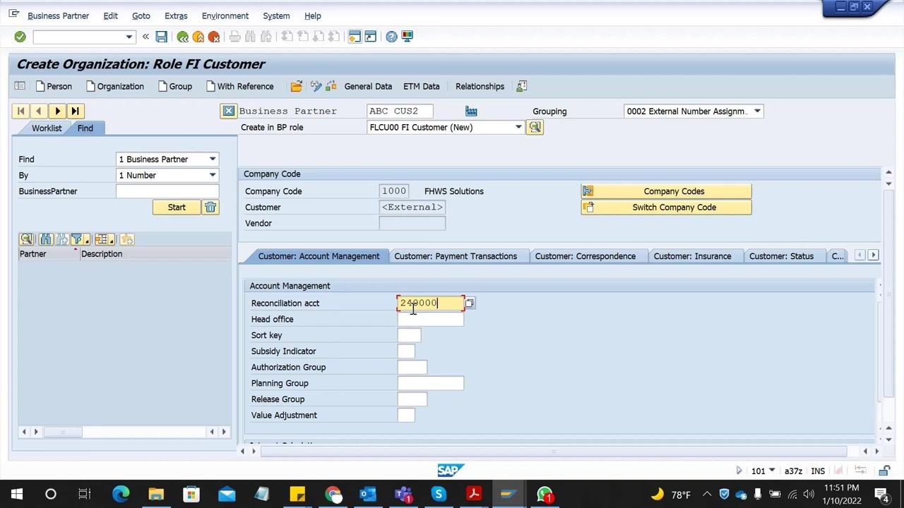 SAP GUI showing the "Customer: Account Management" section with "Reconciliation acct" filled as 240000.