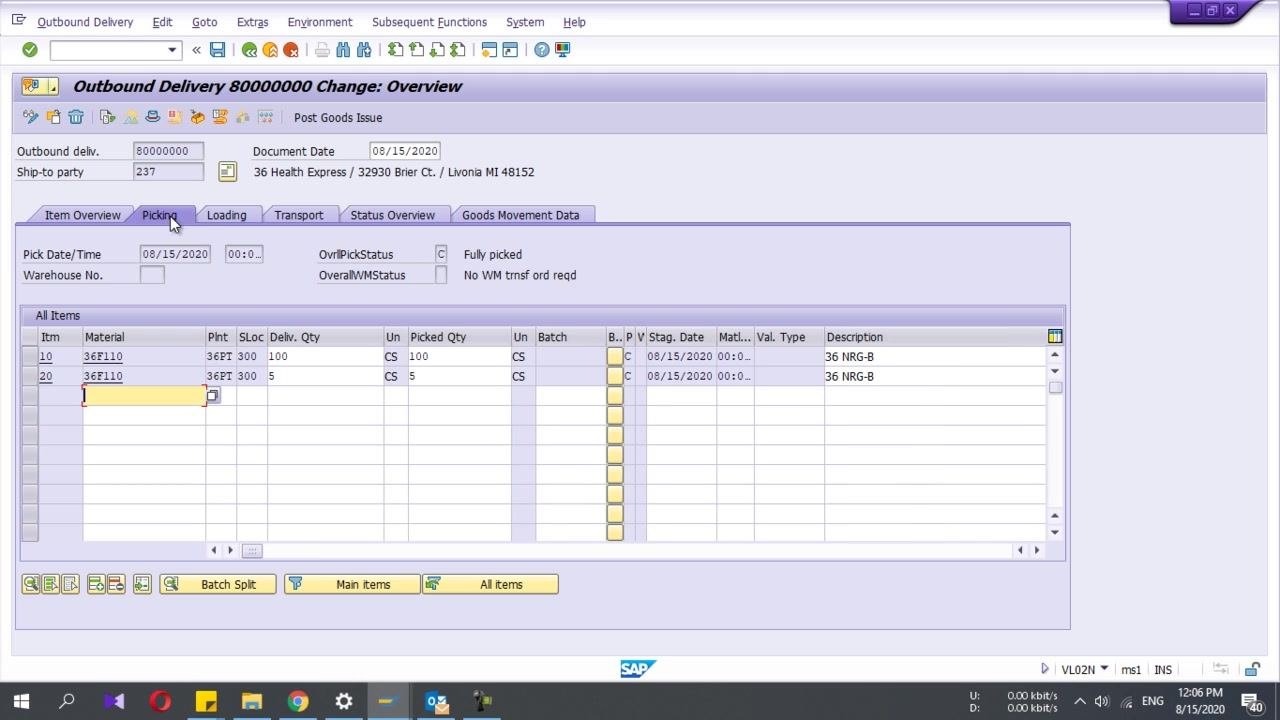 Change Outbound Delivery: Overview screen with the Picking tab showing a fully picked status
