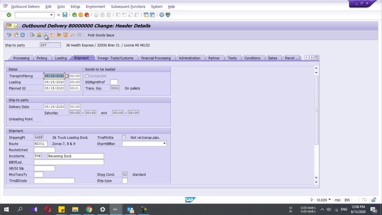 Header Details screen showing transportation, loading, and shipment information