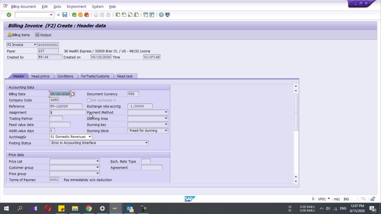 Create Billing Document screen with document number 80000000 entered in the Document field; other fields such as Billing Type, Billing Date, Serv. rendered, and Pricing date are blank, with the document number shown in the table below