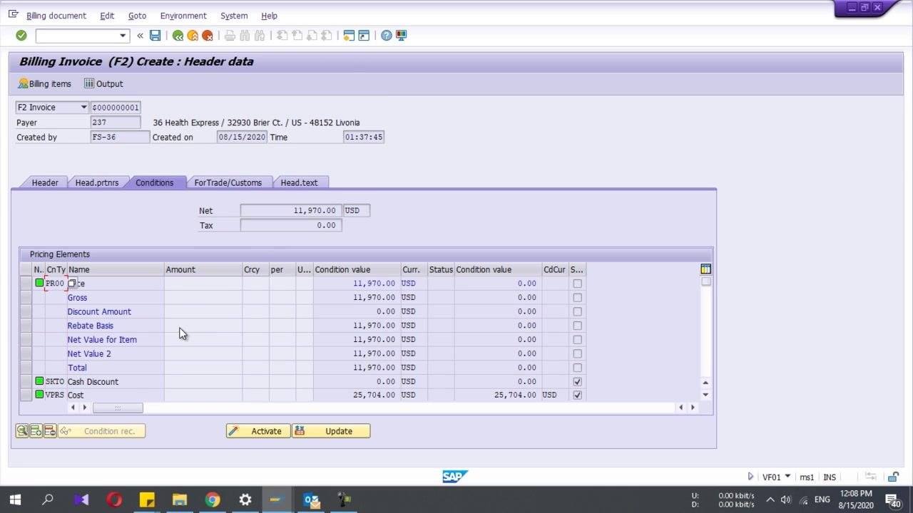 Billing Invoice (F2) Create: Header data screen, Conditions tab, showing pricing elements and their values