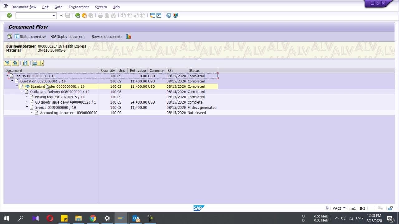 Document Flow screen showing the hierarchical flow from inquiry to accounting document, with statuses and values for each step