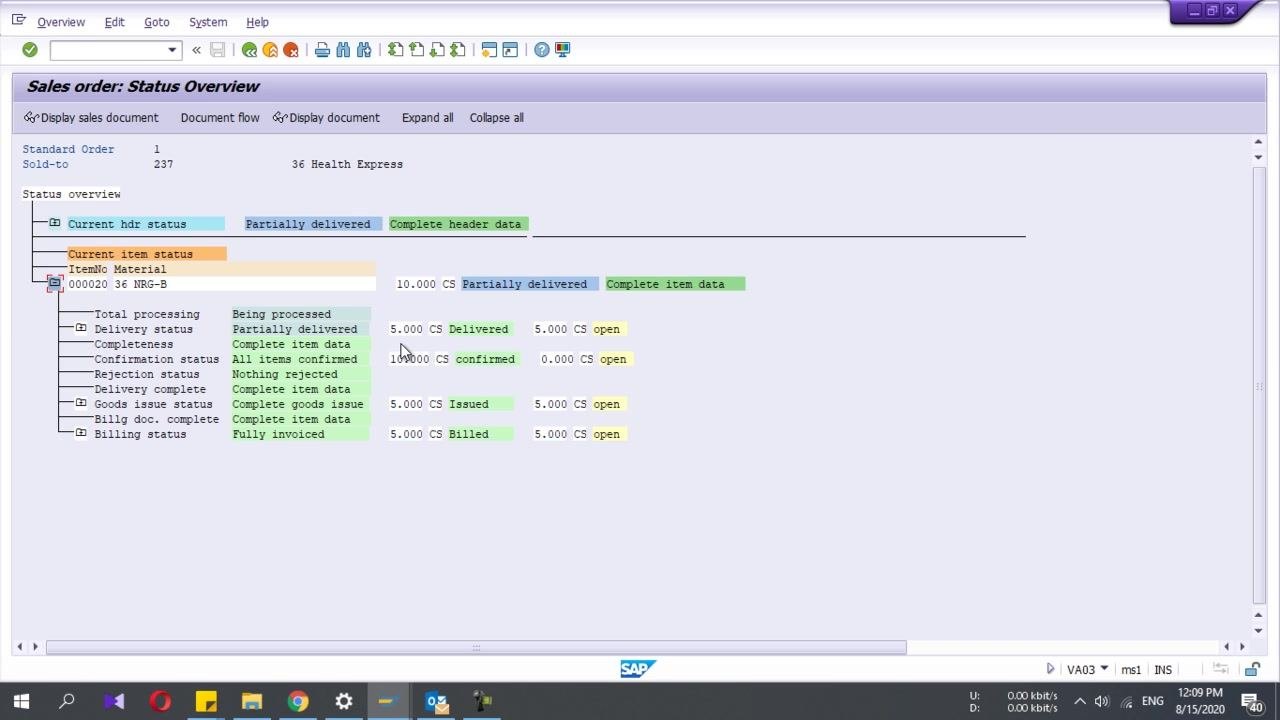 Sales order status overview for item 20 showing 5 CS delivered, issued, and billed, with 5 CS open and a confirmation status of 10 CS confirmed