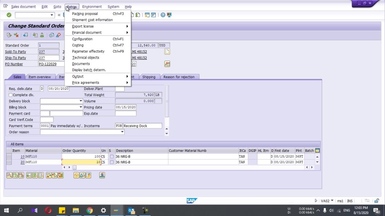 Menu navigation in SAP for delivery creation, showing the available menu options