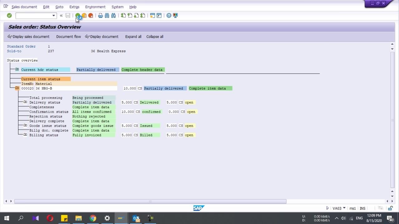 Invoice 9000000000, Overview of Billing Items screen showing billed quantities for each item, with the Environment menu open
