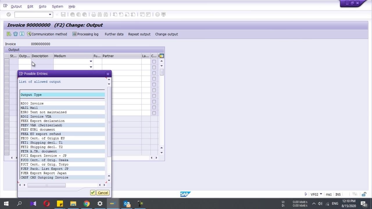 Invoice 9000000000, Change Output screen with the Possible Entries window open, showing a list of allowed output types