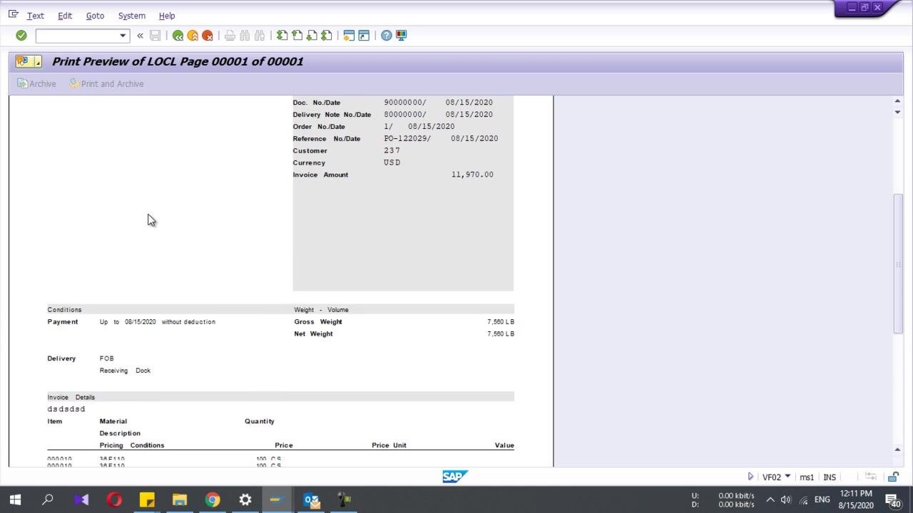Change Output screen for Invoice 9000000000, showing print parameters such as Logical destination (LOCL), SAP cover page, Recipient, Department, Cover Page Text, Authorization, and Storage Mode