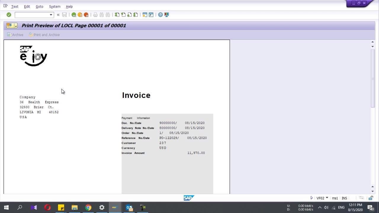 Print Preview of LOCL Page 00001 of 00001, showing the SAP logo, company address, Invoice heading, and formatted invoice details
