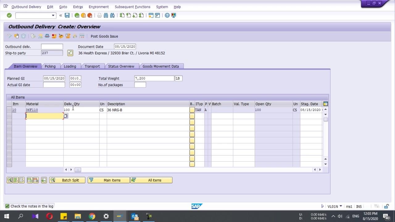 Outbound Delivery Create: Overview screen with item and delivery details filled in