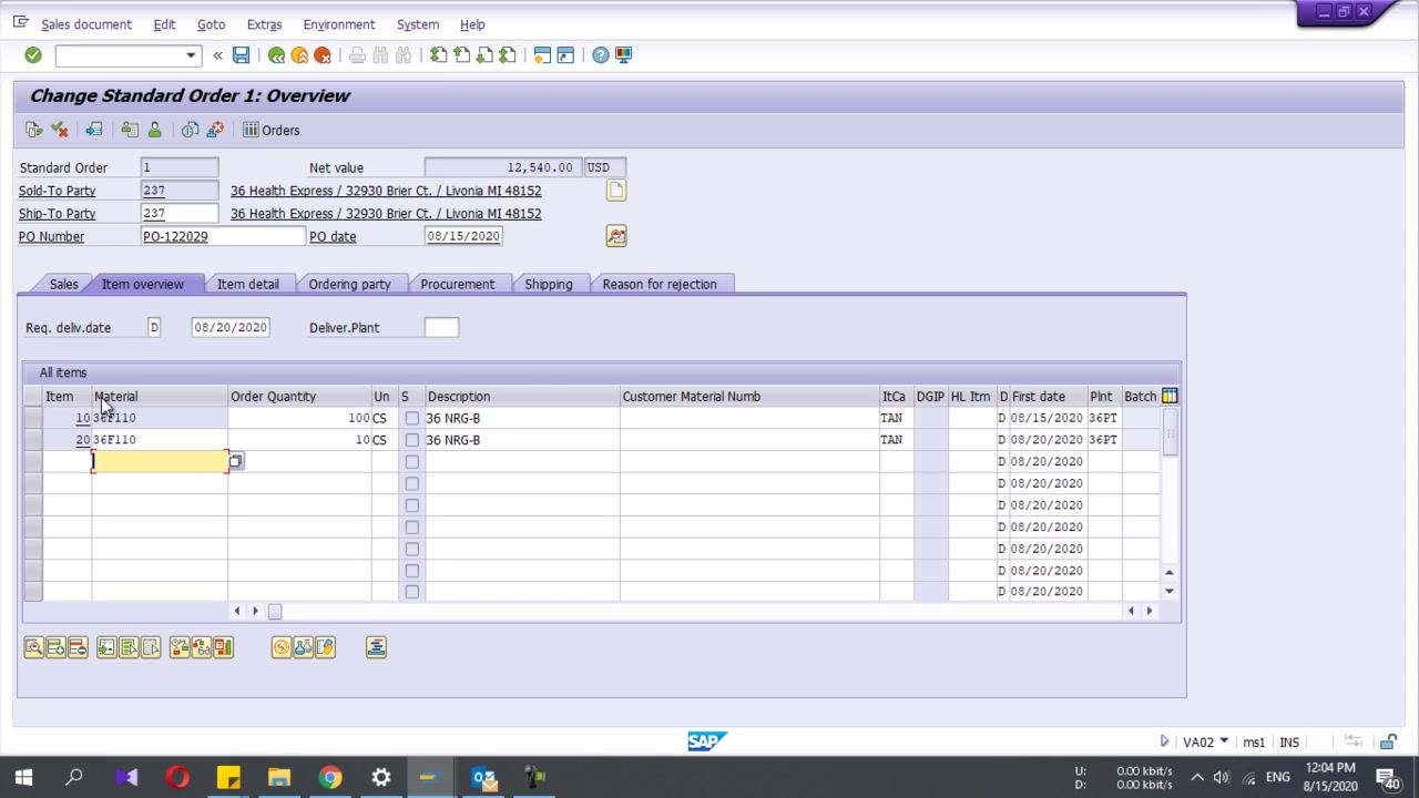 Sales order overview showing different schedule line dates for the two items