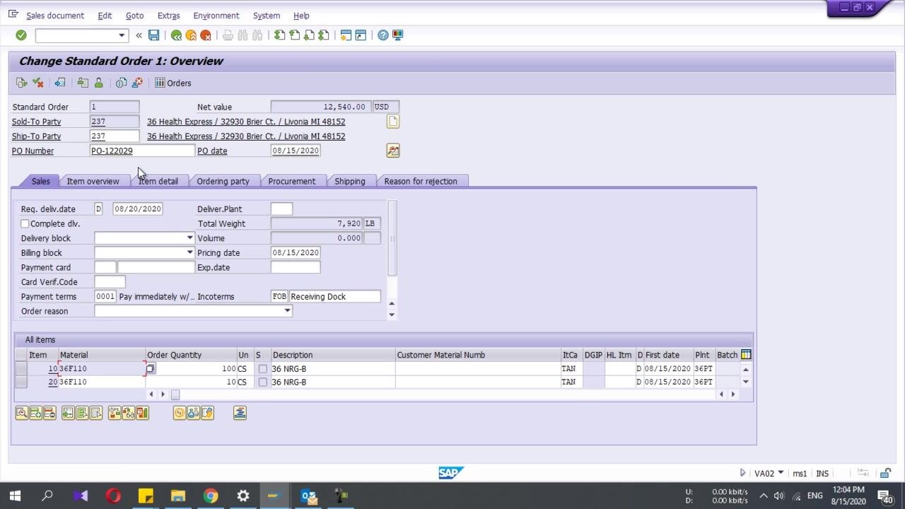 Outbound Delivery Create: Overview screen showing both items listed