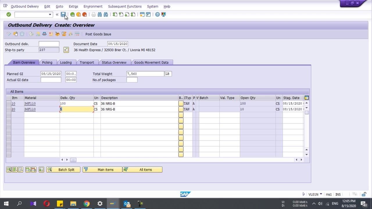 Outbound Delivery Create: Overview screen with the partial delivery quantity entered for Item 20 (set to 5 CS)
