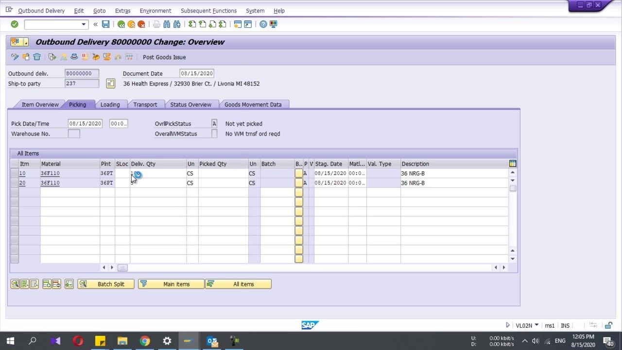 Change Outbound Delivery: Overview screen with delivery items and the Picking tab open