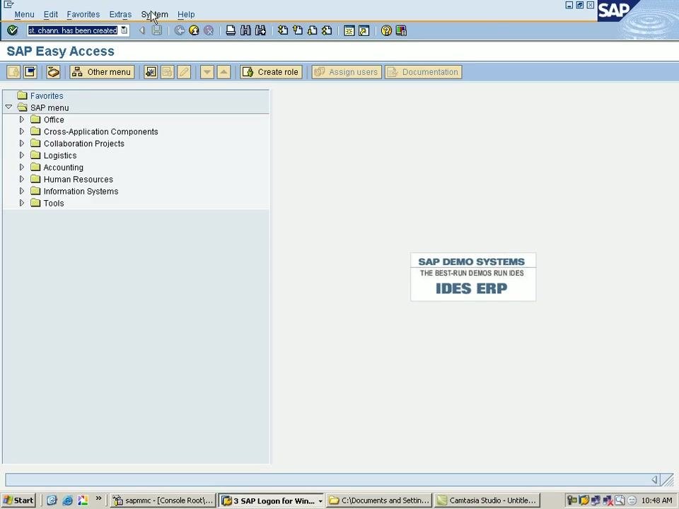 SAP Easy Access screen showing the SAP menu and the IDES ERP demo system logo