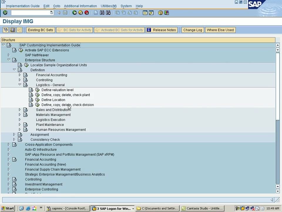 Change View 'Divisions': Overview screen with the list of existing divisions and the New Entries button highlighted