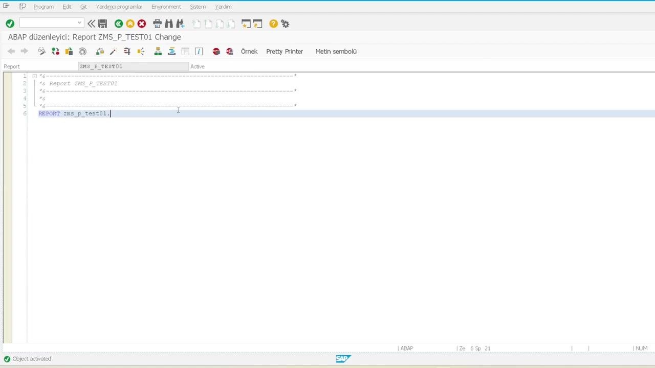 ABAP editor showing the initial report declaration: REPORT zms_p_test01.