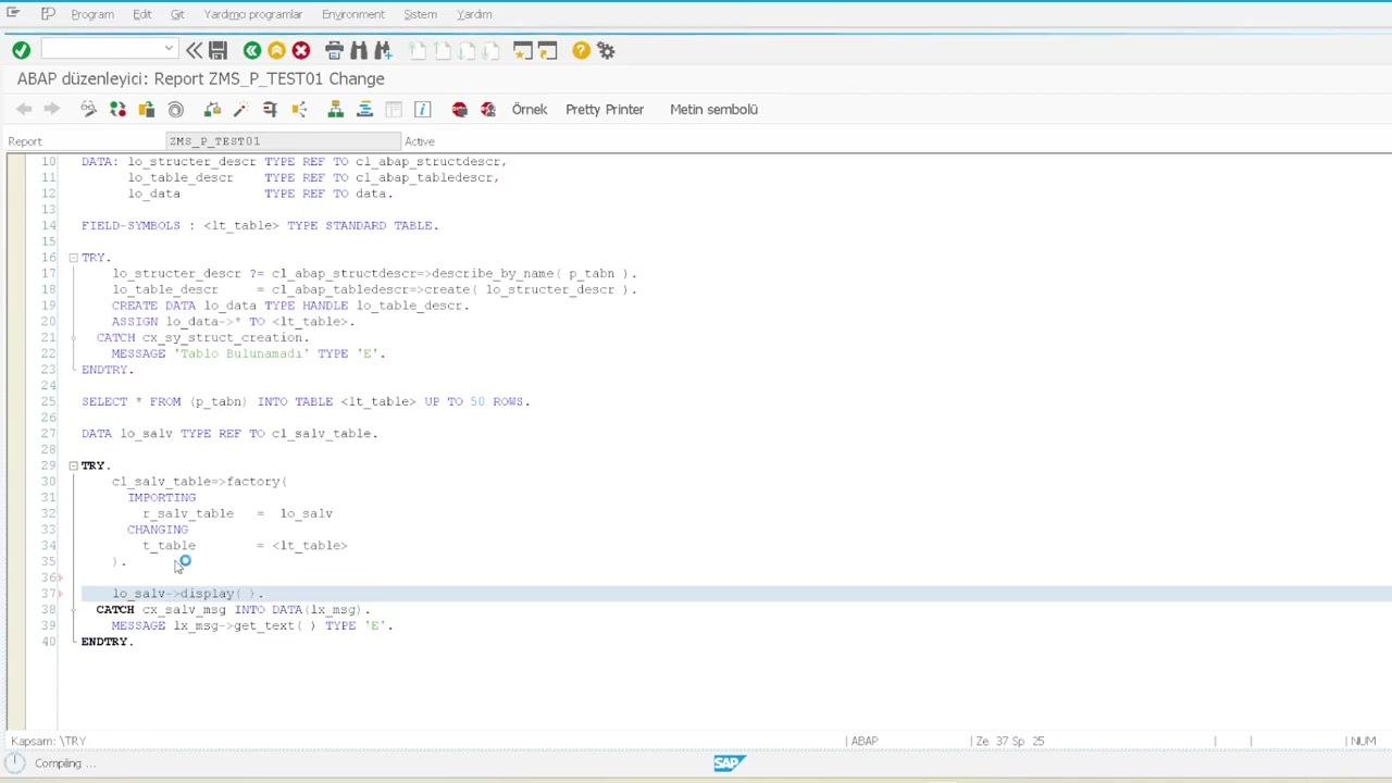 ABAP editor showing the completed TRY-CATCH-ENDTRY block for structure creation, with error message handling.