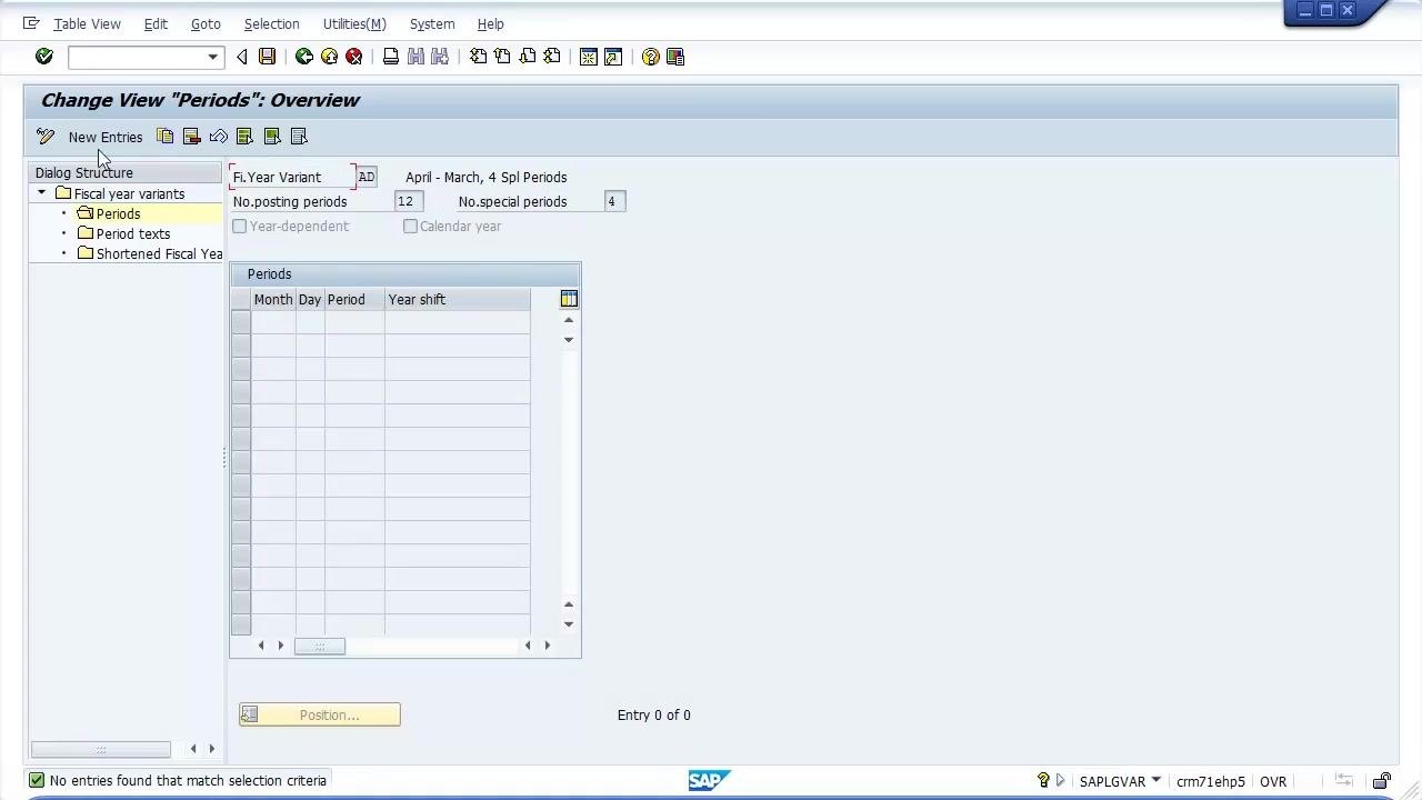 Periods overview screen for the fiscal year variant, ready for new period entries