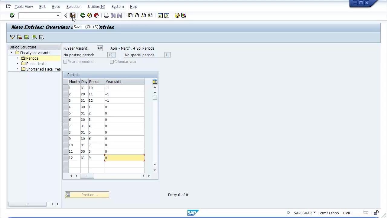 Save button being clicked to save the fiscal year variant configuration
