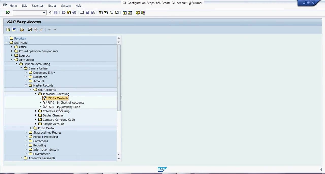 SAP Easy Access screen with 'FS00 - Centrally' highlighted under 'Individual Processing'