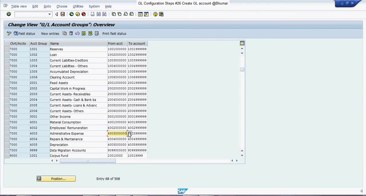 Change View "G/L Account Groups": Overview screen with the Administrative Expense number range highlighted and cursor pointing to it