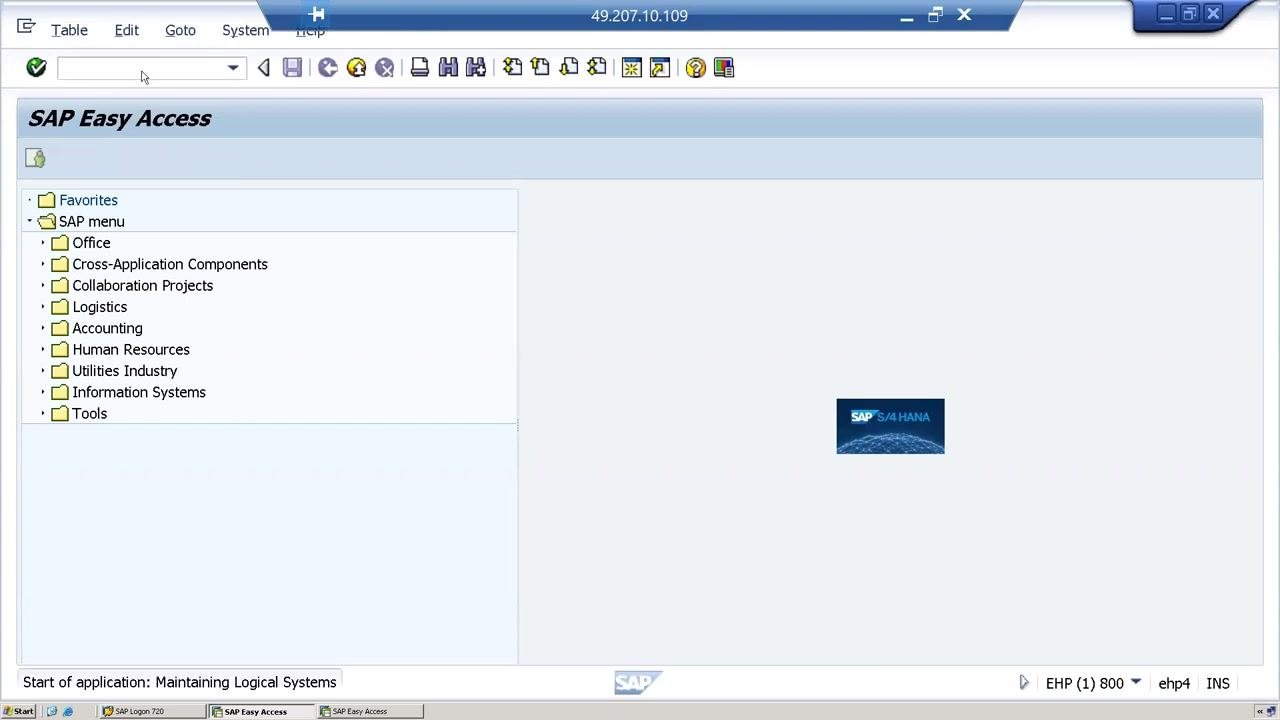 SAP Easy Access screen showing the main menu and navigation panel