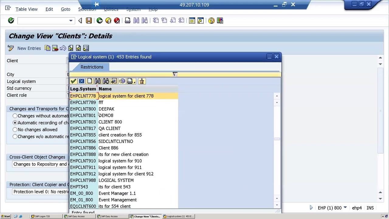 Pop-up window listing logical systems, with EHPCLNT778 and its description highlighted for selection
